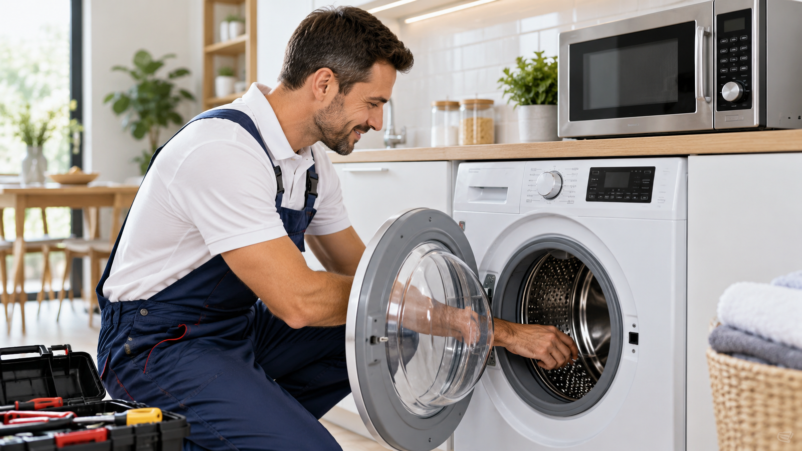 Appliance repair technician servicing washing machine and microwave